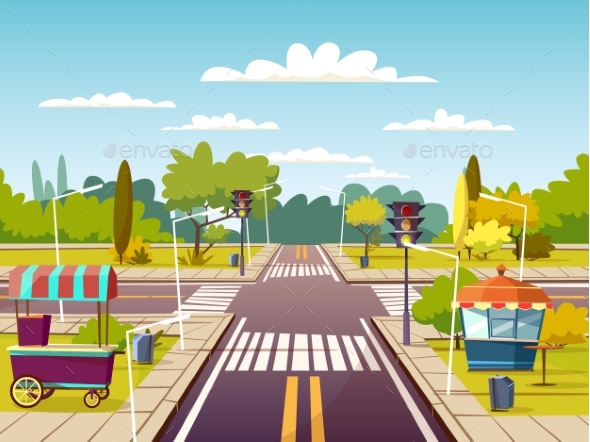 590x442 City Street Vector Cartoon Illustration Of Traffic By Vectorpouch