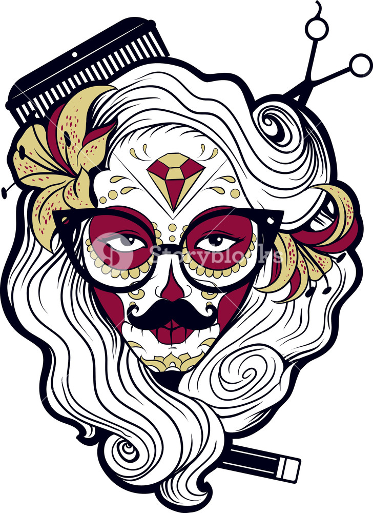 728x1000 Funny Sugar Skull Vector T Shirt Design Royalty Free Stock Image