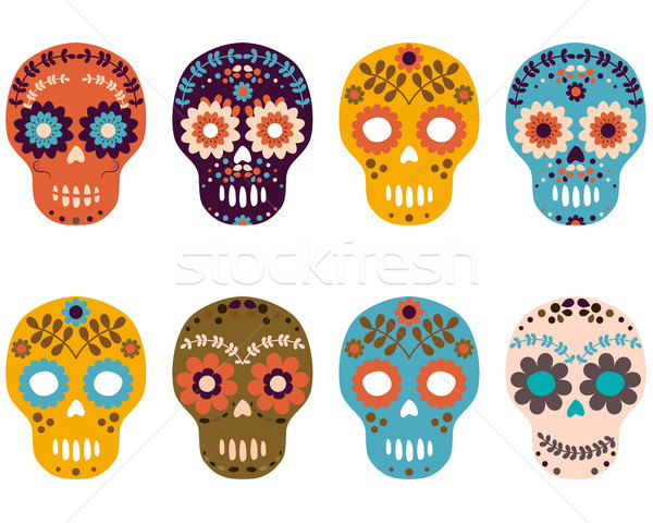 600x480 Day Of The Dead Sugar Skulls, Colorful Flower Skull Set Vector