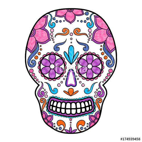 500x500 Day Of The Dead Colorful Skull With Floral Ornament. Embroidery