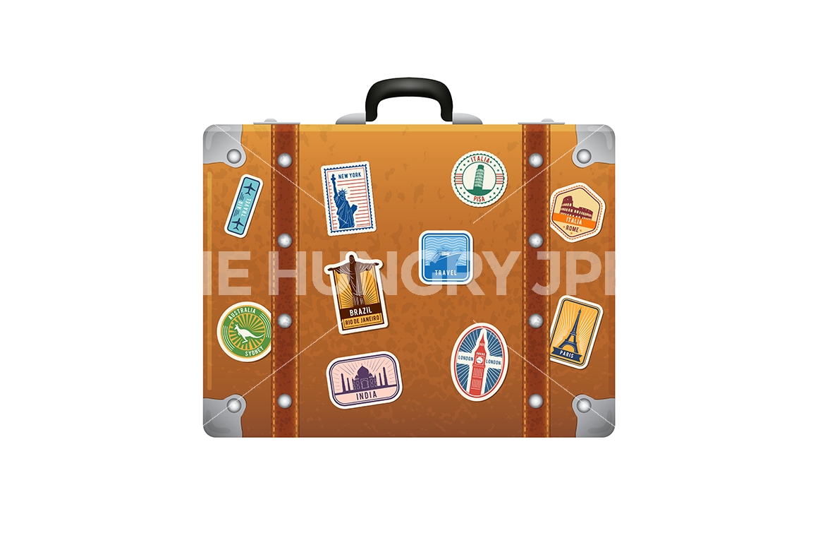 1160x772 Travel Stickers On Retro Leather Suitcase. Vector Labels Set By