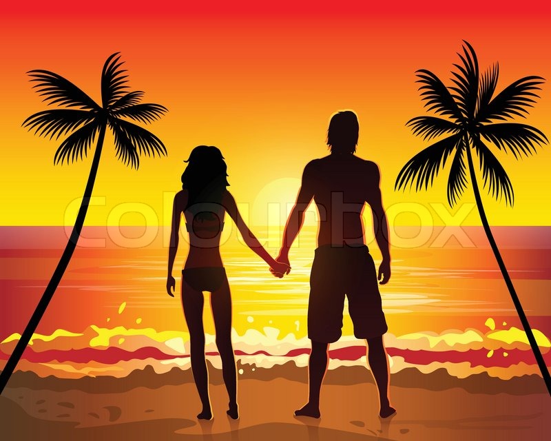 800x640 Romantic Couple Holding Hands On Beach Sunset, Vector Illustration