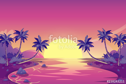 500x334 Tropical Summer Sunset. Vector Cartoon Island Landscape