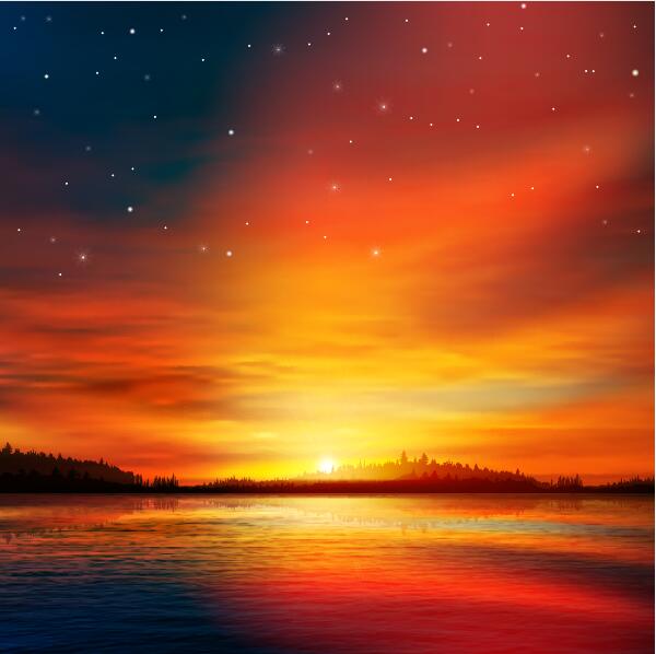 600x598 Lake Landscape With Sunset Vector 04 Free Download
