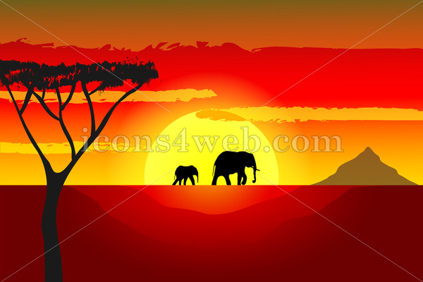 600x400 African Sunset Vector With Elephants Vector Illustration