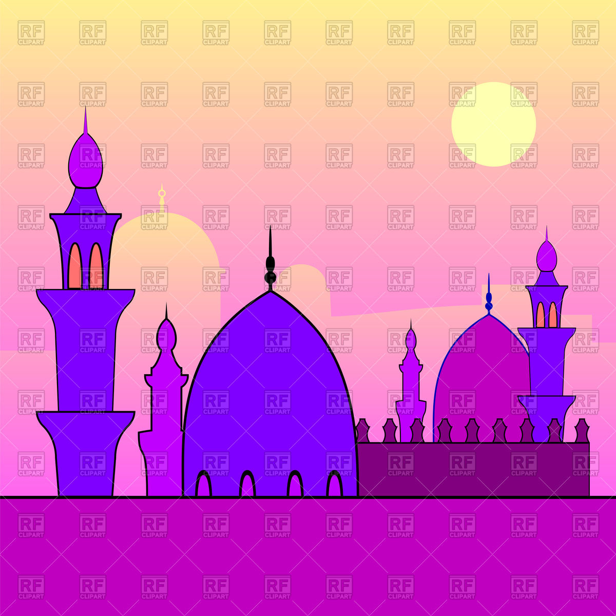 1200x1200 Evening Landscape With Mosques And Sunset Vector Image Vector