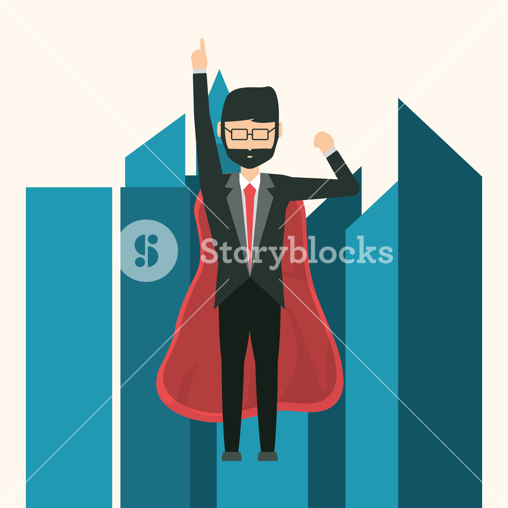 1000x1000 Superhero Businessman Flying Over City Buildings And White