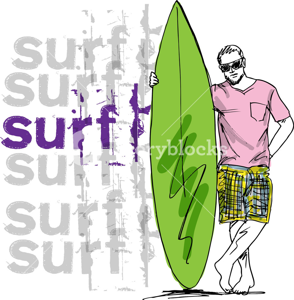 978x1000 Sketch Of Man With Surfboard. Vector Illustration Royalty Free