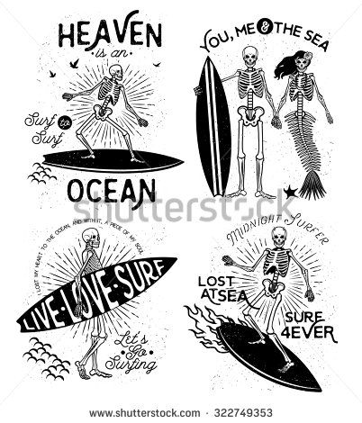 402x470 Vector Illustration With Skeleton Surfer And Mermaid