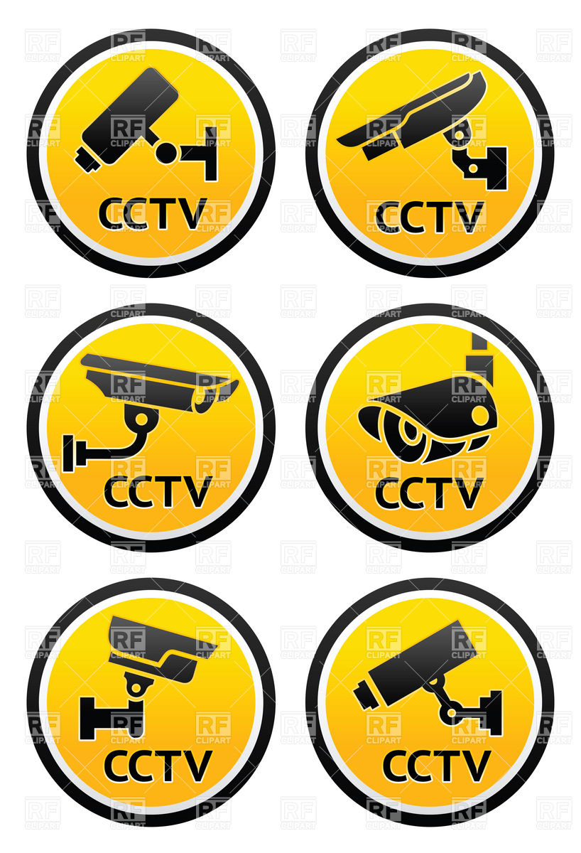 818x1200 Round Warning Labels With Cctv Camera Surveillance Icons Vector