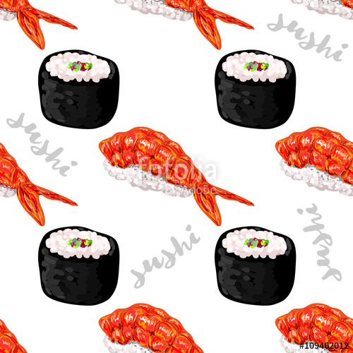 500x500 Seamless Pattern With Different Types Of Sushi. Japanese Food