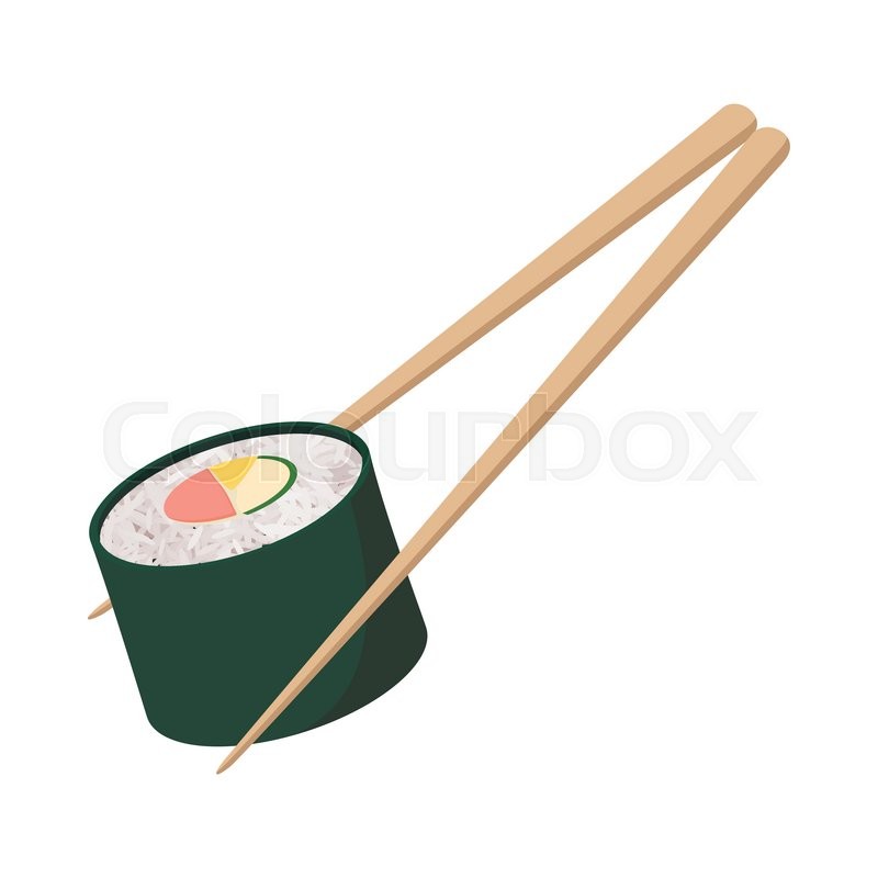 800x800 Sushi Roll Icon On White Background In Cartoon Style. Chopsticks