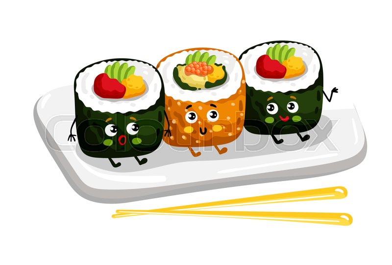800x540 Cute Sushi Roll Set On Plate Cartoon Character Isolated On White