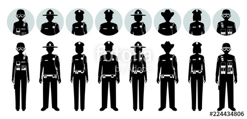 500x242 Police People Concept. Set Of Different Black Silhouettes And