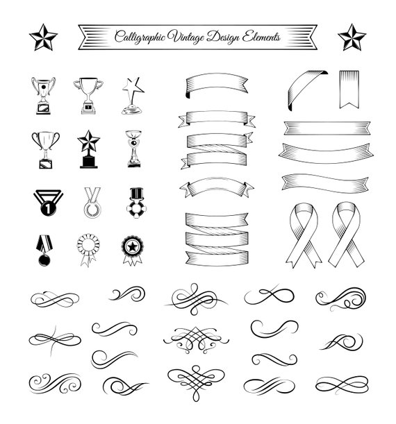 570x611 Ribbons Swirls Trophies Medals Set Svg Swirly Lines Etsy