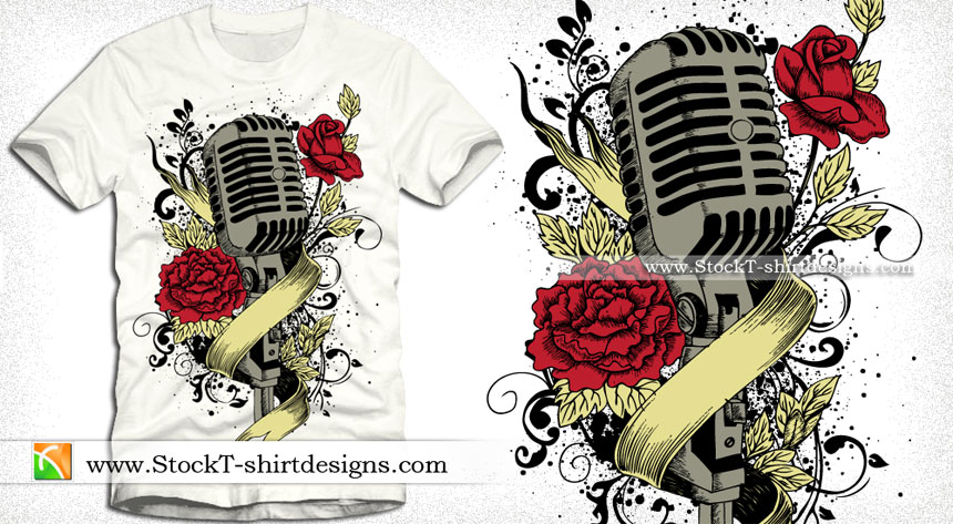 860x473 Music Vector T Shirt Graphics With Microphone, Flowers And Ribbon