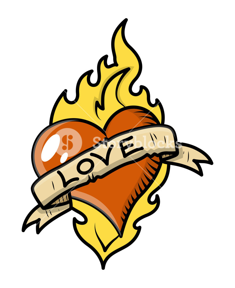 814x1000 Retro Love Tattoo With Heart, Flame And Vintage Banner Vector