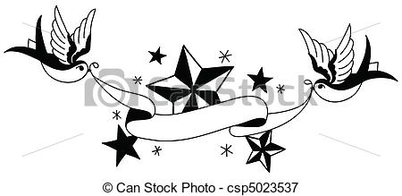 450x219 Songbirds And Banner. A Tattoo Style Illustration Of Two Songbirds