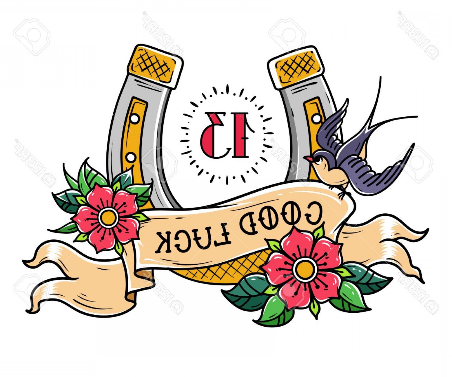 1560x1302 Photostock Vector Tattoo Gold Horseshoe With Roses Swallow