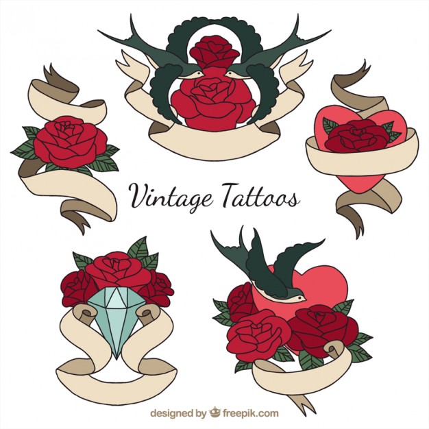 626x626 Vintage Tattoos With Roses And Hand Drawn Ribbons Vector Free
