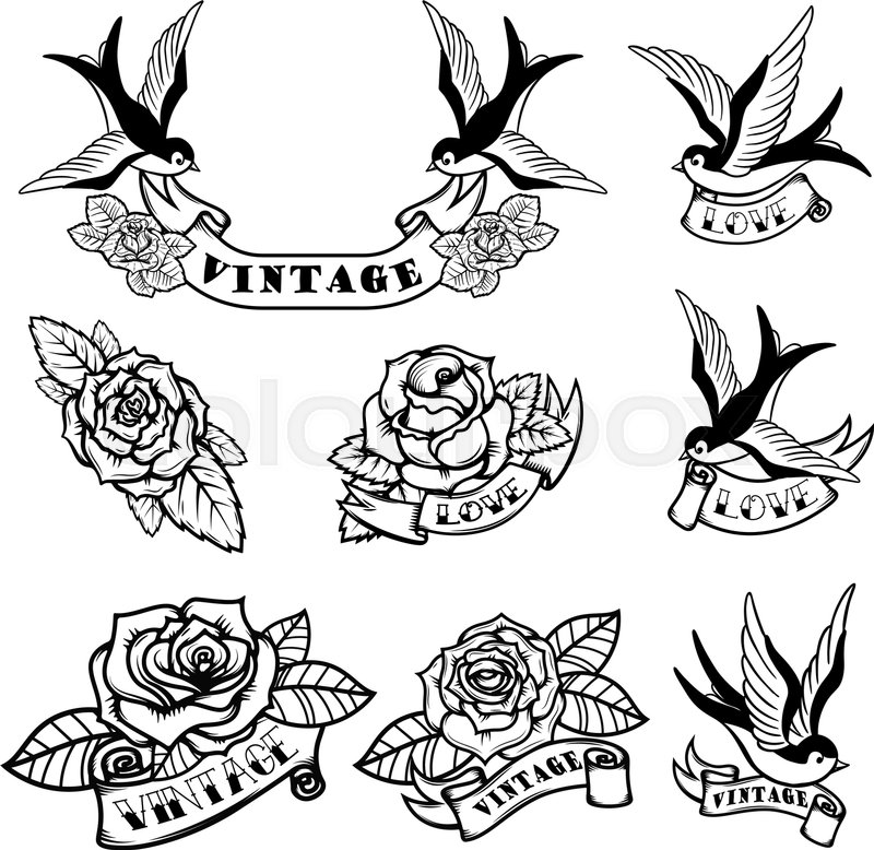 800x778 Set Of Tattoo Templates With Swallows And Roses. Old School Tattoo