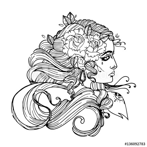 500x500 Woman Face With Curly Hair And Flower. Girl Tattoo Vector Template