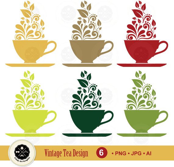 570x547 Vintage Tea Cup Vector Cliparttea Logosilhouettes Tea Etsy
