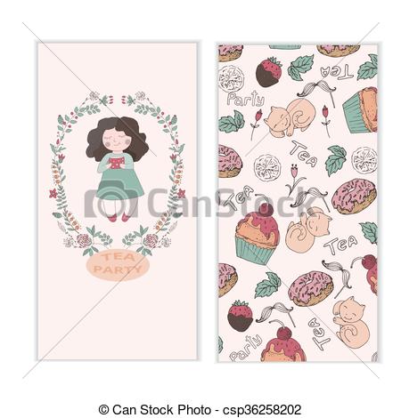 450x470 Set Of Cards, Tea Party. Girl With A Cup Of Tea, Beautiful Color