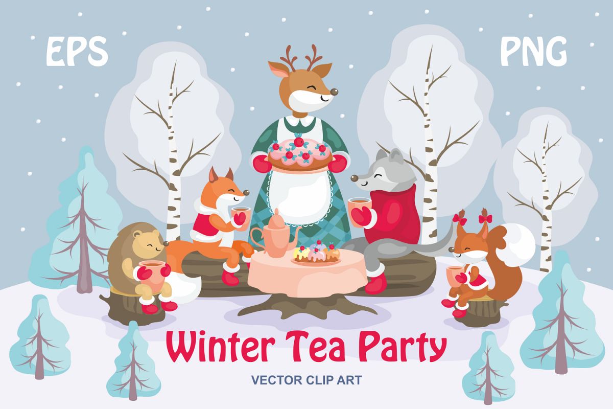 1200x800 Winter Tea Party. Vector Clip Art.