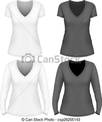 396x470 Women V Neck T Shirt Design Template Short And Long Sleeve. Vector