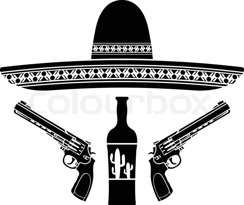 800x674 Tequila, Sombrero And Two Pistols. Stencil. Vector Illustration