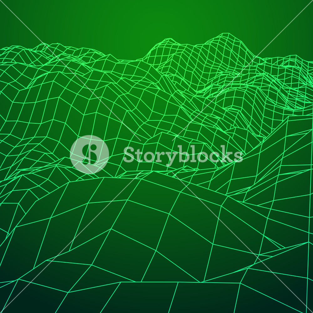 1000x1000 Wireframe Terrain Vector Background. Cyberspace Landscape Grid