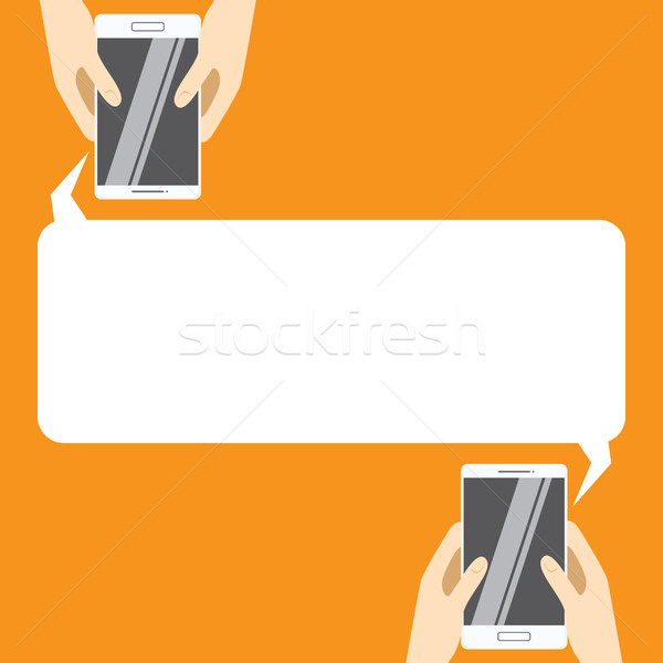 600x600 Hands Holing White Smartphones With Blank Speech Bubble For Text