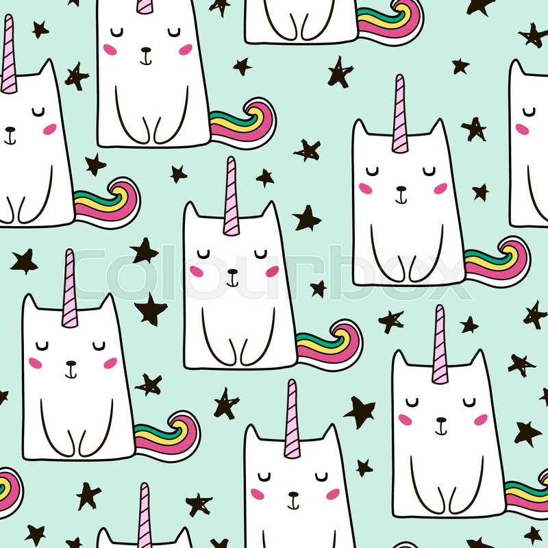 800x800 Seamless Pattern With Hand Drawn Cute Cats Unicorn. Cartoon Cat