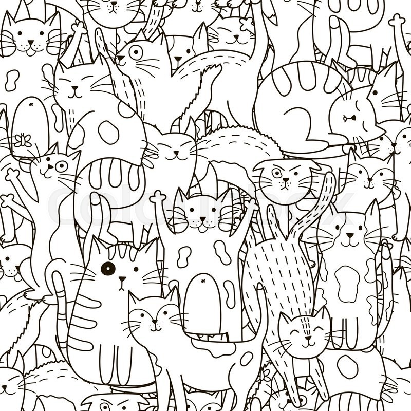 800x800 Doodle Cats Seamless Pattern. Black And White Cute Cats Background
