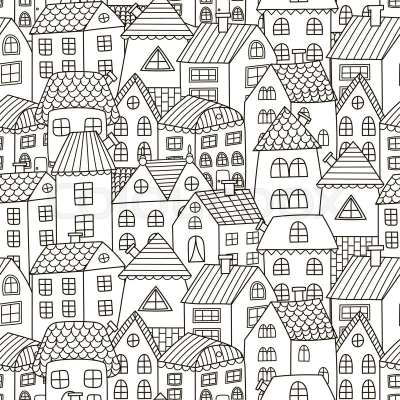 800x800 Doodle Houses Seamless Pattern. Black And White City Background