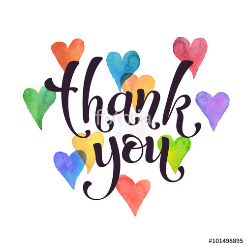 500x500 Thank You Lettering With Watercolor Hearts On Background. Modern
