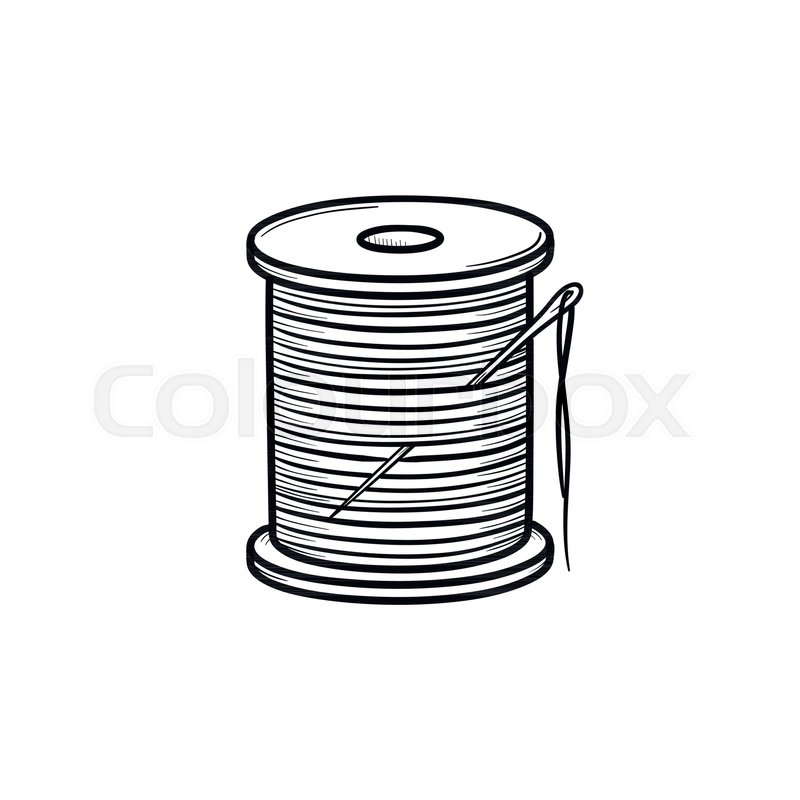 800x800 Thread Spool With Needle Hand Drawn Outline Doodle Icon. Cotton