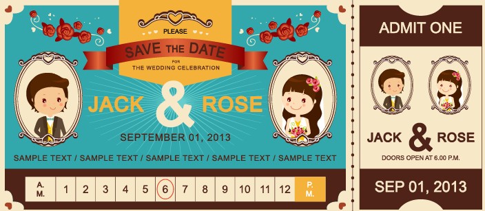 704x307 Cartoon Style Wedding Ticket Vector Set 01 Free Download