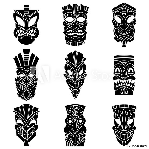 500x500 Tribal Tiki Mask Black Silhouettes Vector Set. Flat Icons Isolated