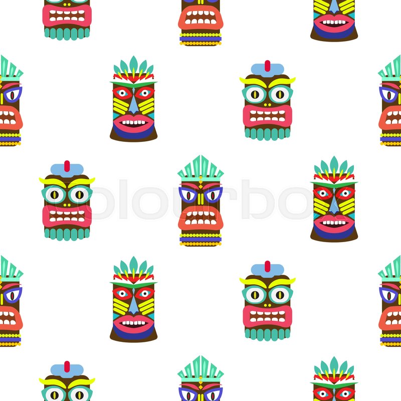 800x800 Hawaiian Tiki Mask Seamless Bright On White Pattern Vector. Totem