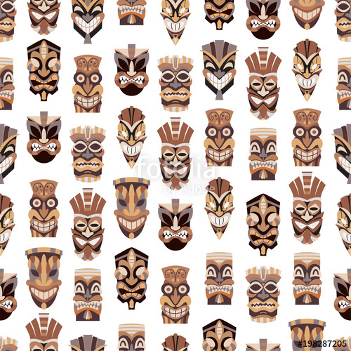 500x500 Tribal Tiki Mask Vector Seamless Pattern On A White Background For