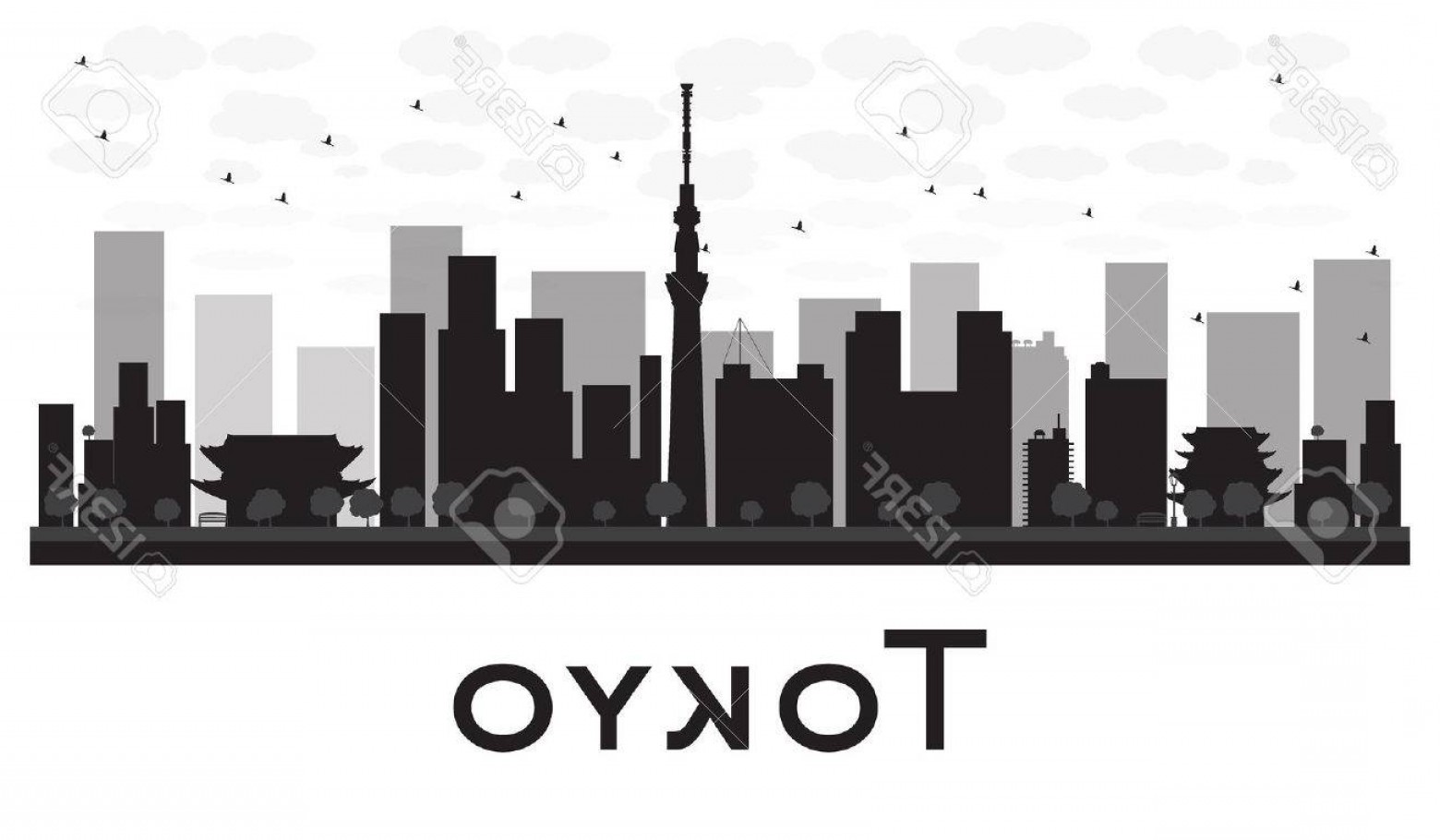 1560x910 Photostock Vector Tokyo City Skyline Black And White Silhouette
