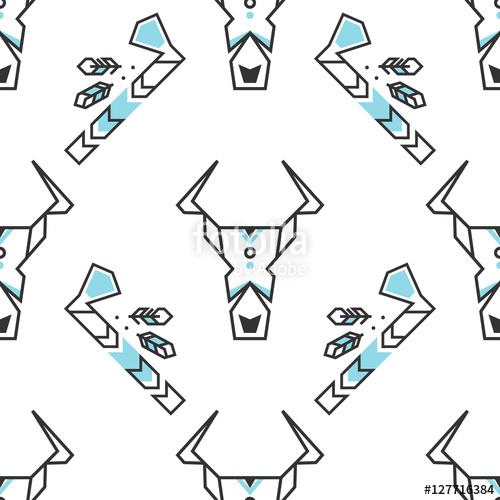 500x500 Seamless Pattern With Stylized Buffalo Skull And Tomahawk. Vector