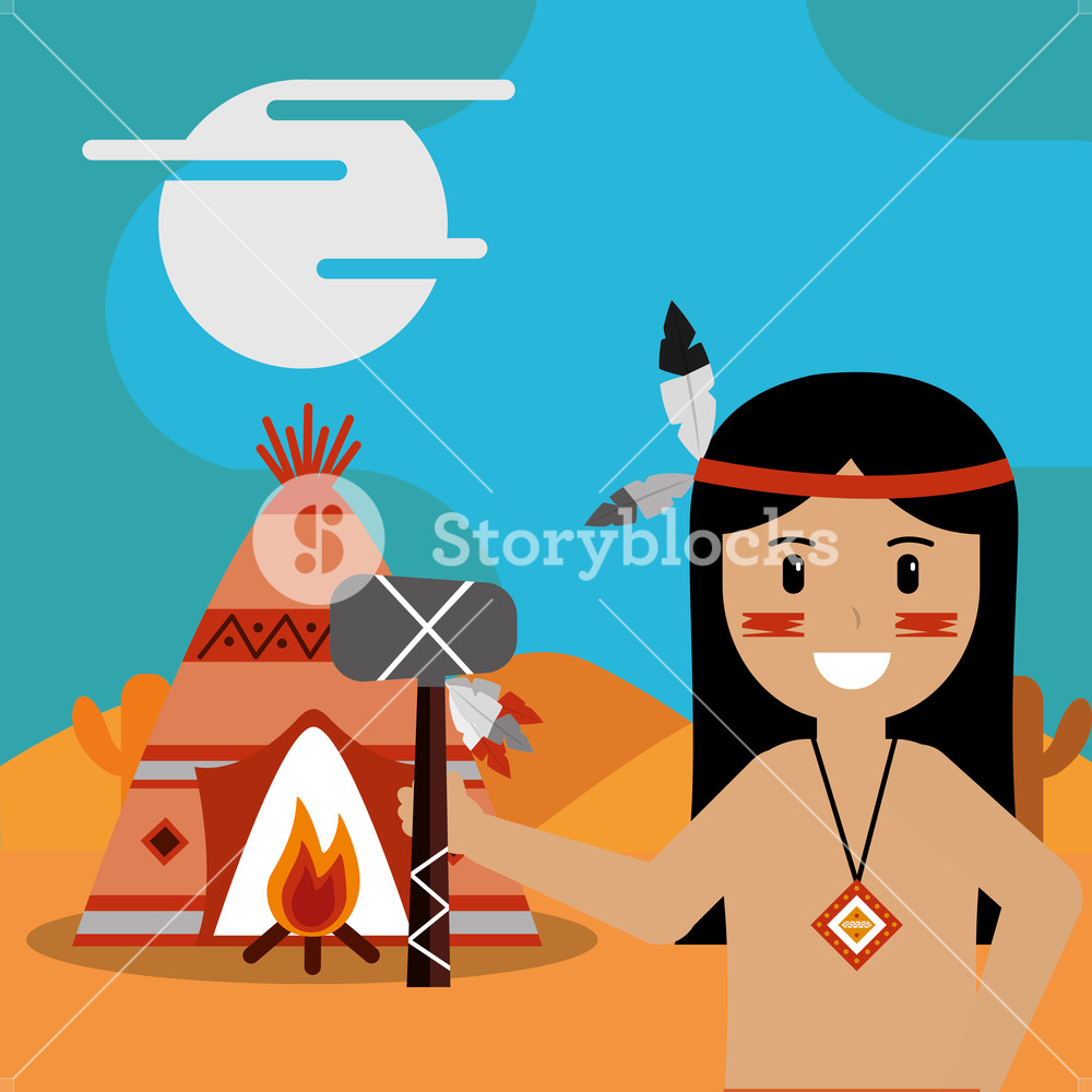 1000x1000 Native American With Tomahawk In Hand Teepee Bonfire Vector