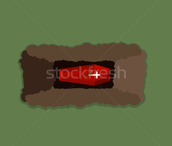 600x511 Open Grave. Coffin In Pit. Flowers Roses On Roof Of Tomb. Vector
