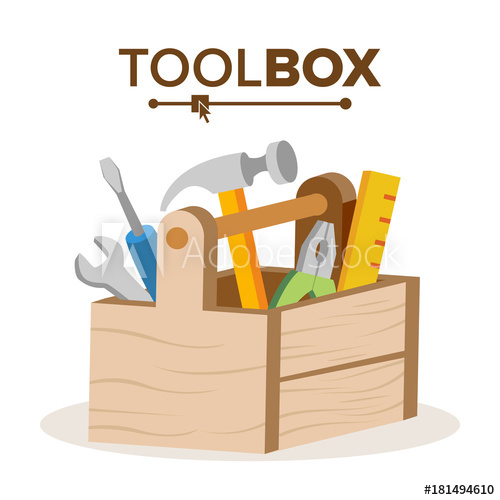 500x500 Wooden Classic Toolbox Vector. Full Of Equipment. Flat Cartoon