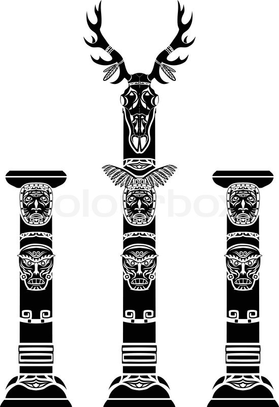 549x800 Totem Pole With A Deer Skull And Indian Masks Stock Vector