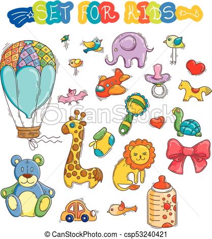 417x470 Set Of Funny Doodle Toys. Vector Stickers Collection. Hand Drawn