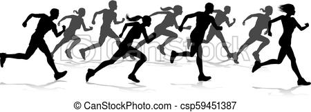 450x163 Runners Race Track And Field Silhouettes. Silhouette Runners In A